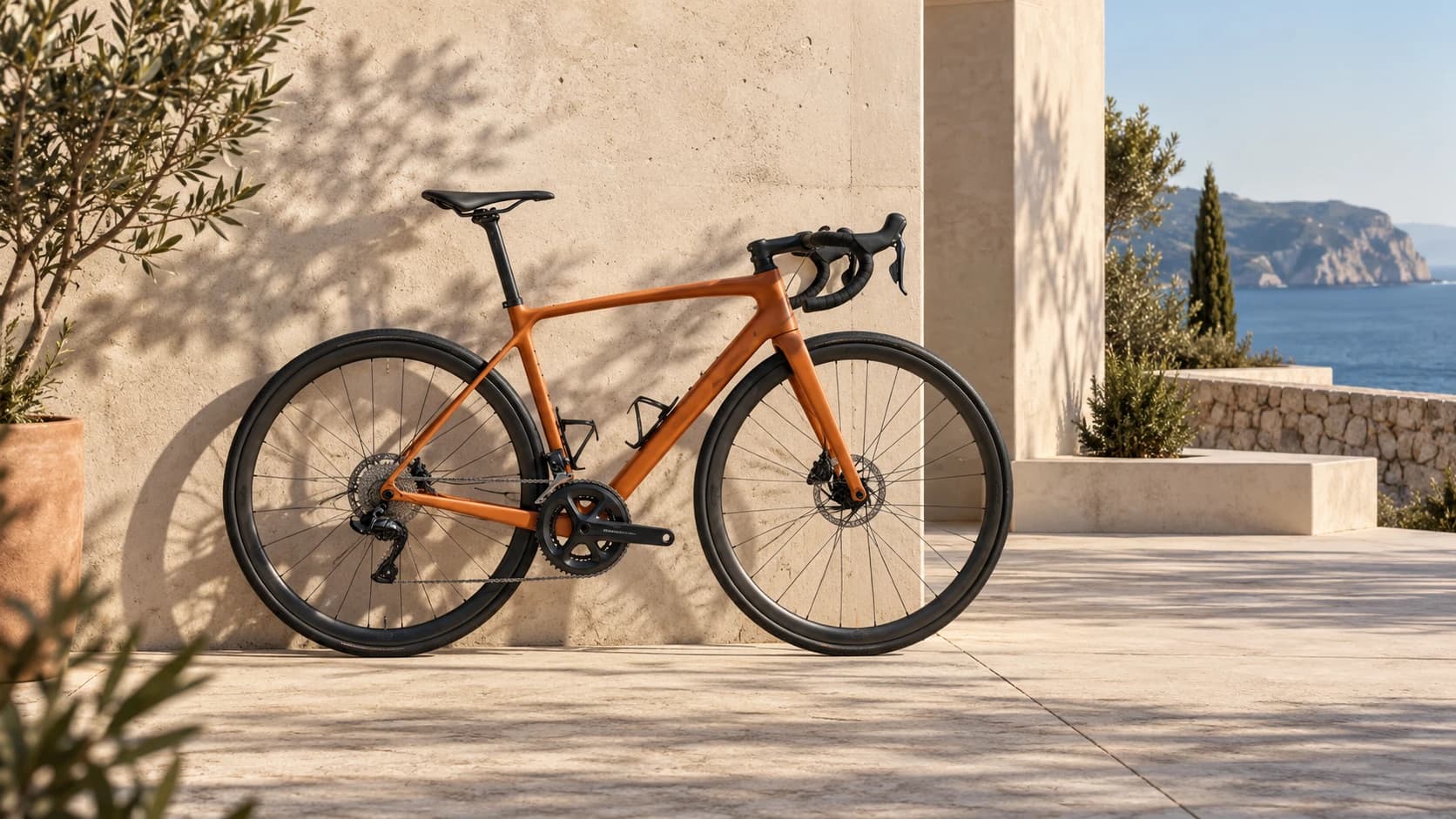 Full orange bicycle against a sunlit concrete wall, shown as the wide source shot